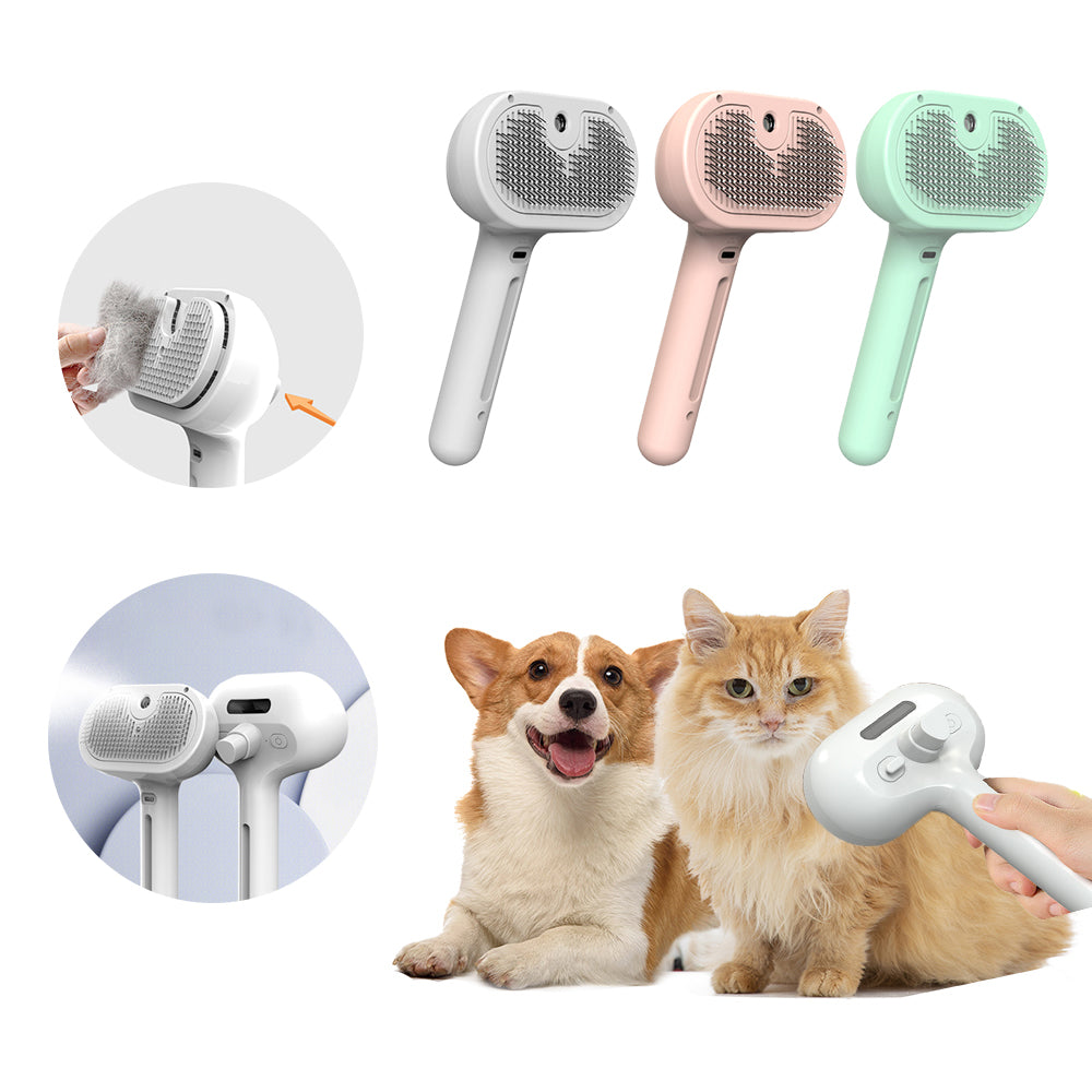 Cepillo de vapor autolimpiable en blanco, rosa y verde para perros y gatos